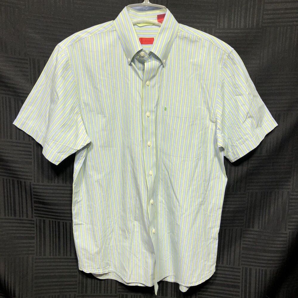 Izod button up oxford Shirt M green blue stripe short sleeve pocket Career